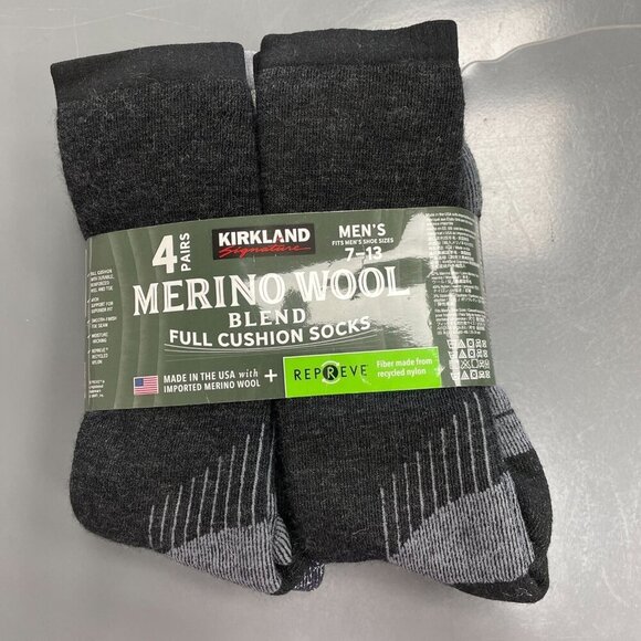 NEW Kirkland Men's Merino Wool Blend Full Cushion Socks Size 7-13 4 Pairs - Picture 1 of 3